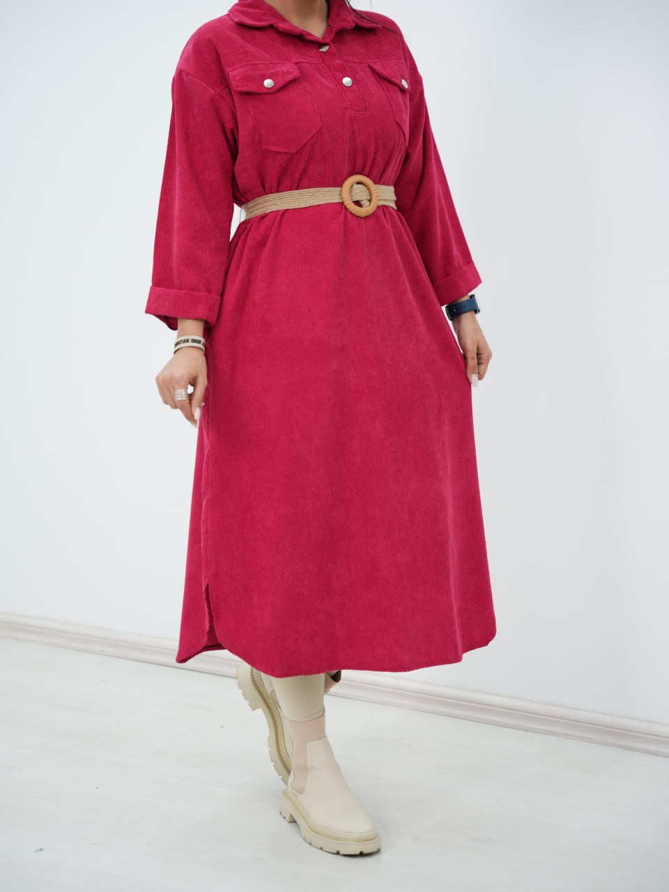 پیراهن مخمل کبریتی کیف دار سیما کد 6394