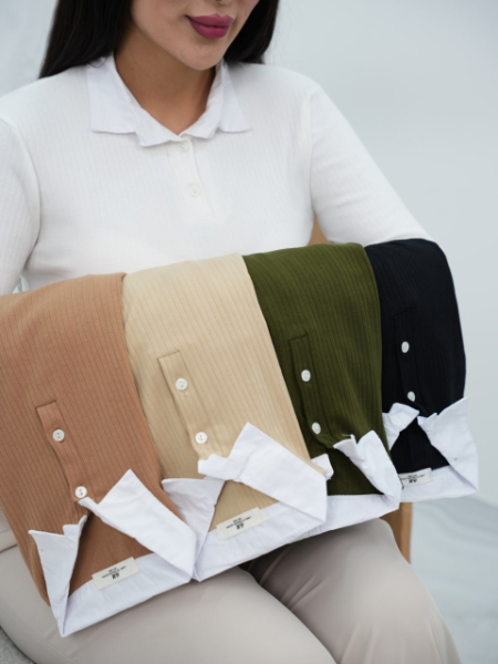 کراپ آستین بلند یقه سفید نخودچی کد 6550