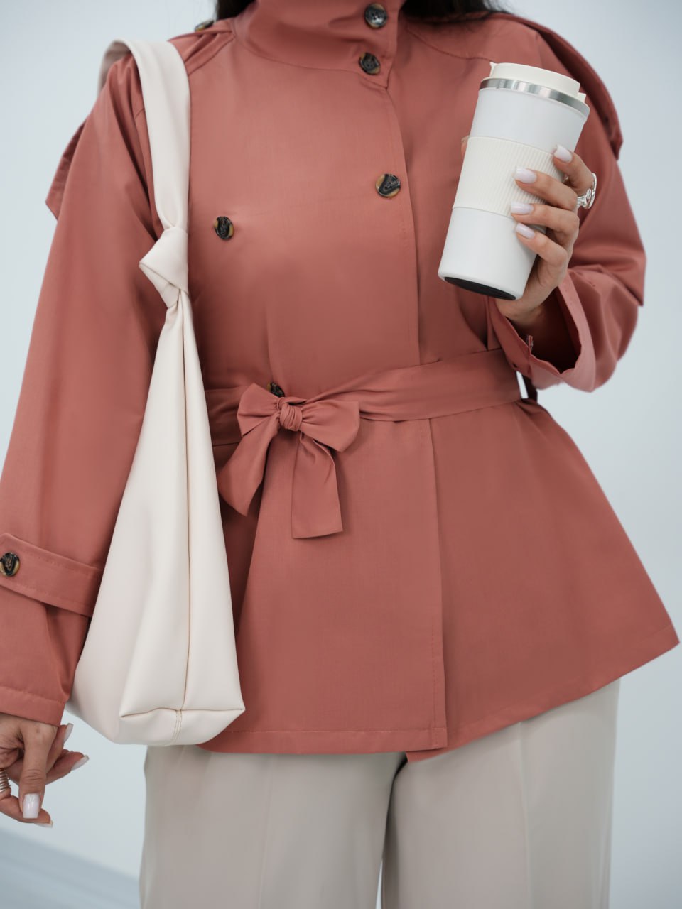 بارونی یقه ایستاده کمردار روبان کد 6560