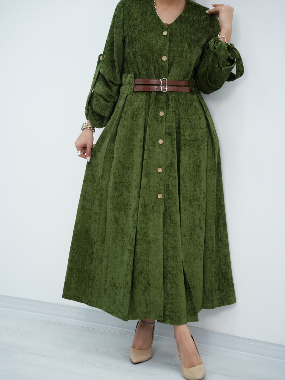 پیراهن مخمل جلو دکمه دو کمر بنده عفت کد 6619