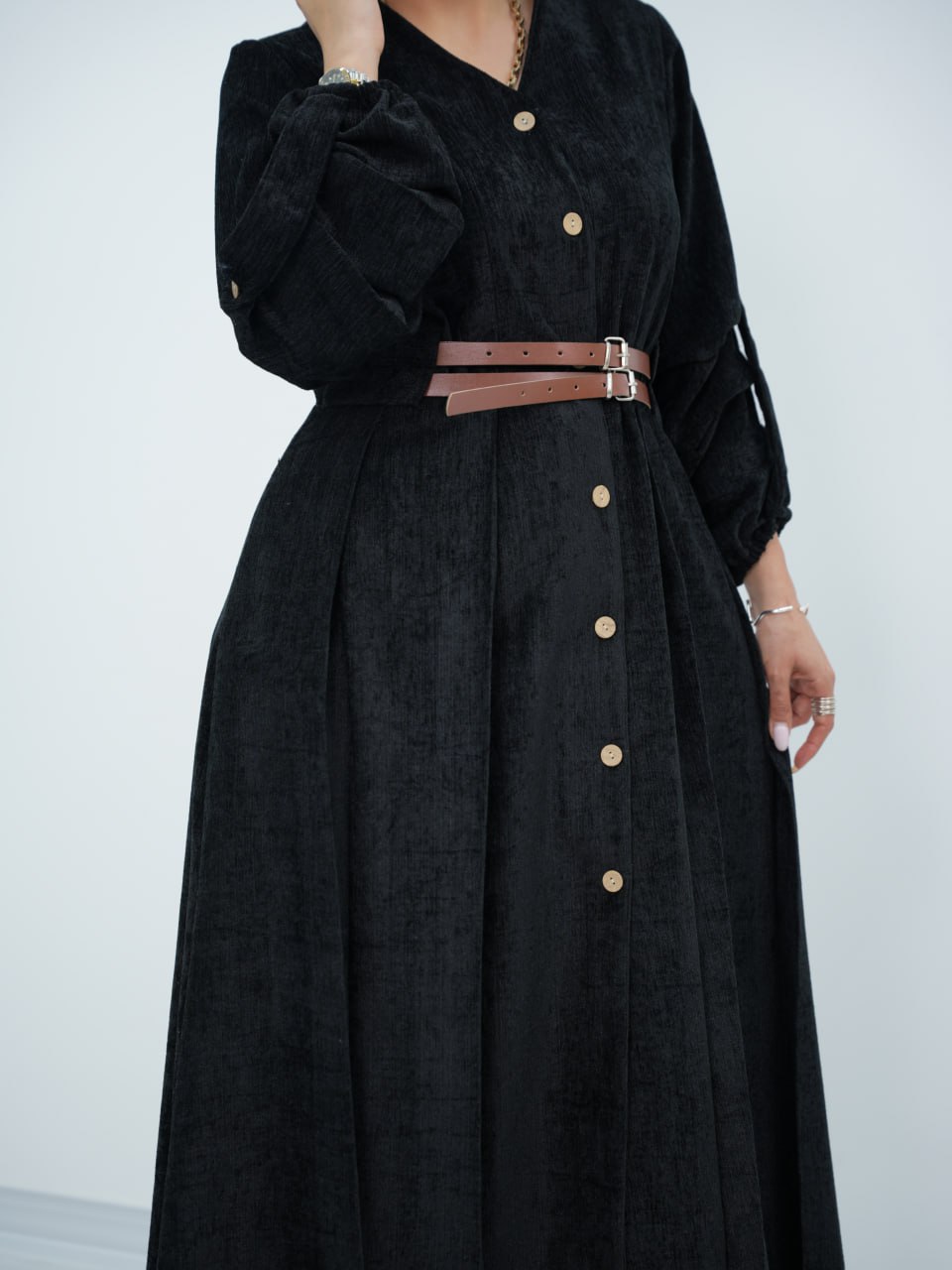 پیراهن مخمل جلو دکمه دو کمر بنده عفت کد 6619