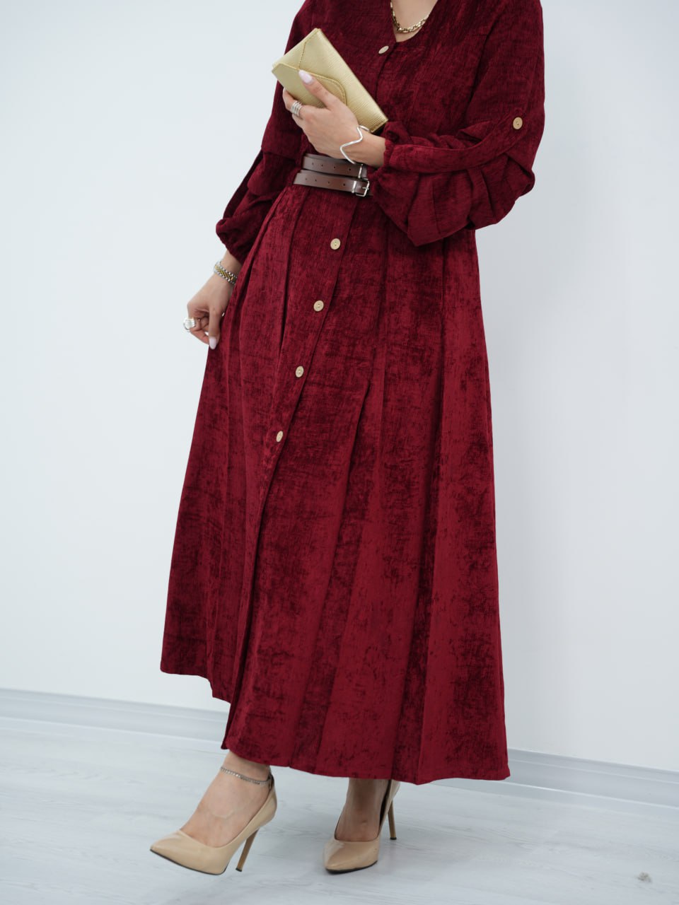 پیراهن مخمل جلو دکمه دو کمر بنده عفت کد 6619