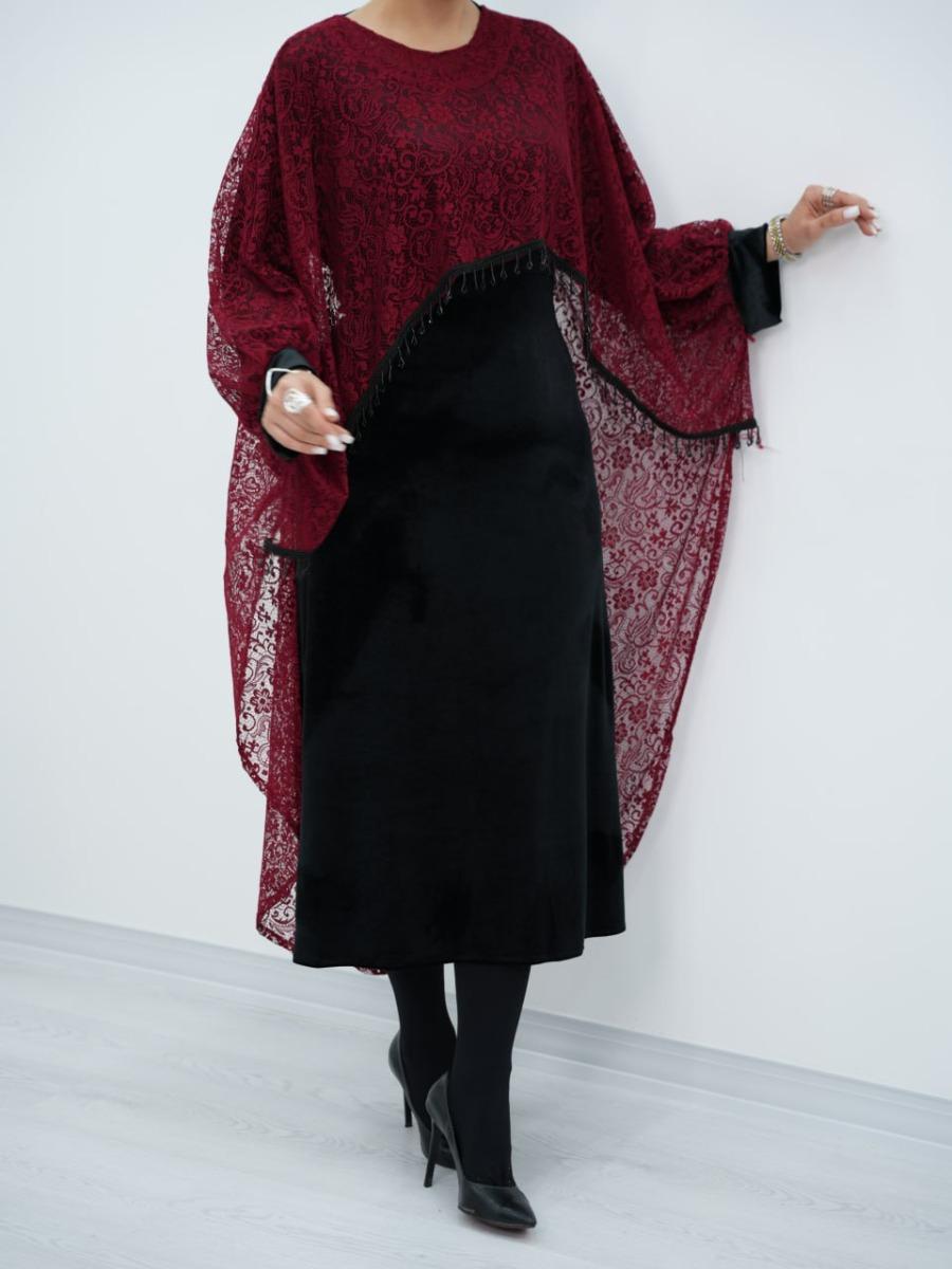 ست پانچ گیپور و پیراهن مخمل زرشک کد 6646