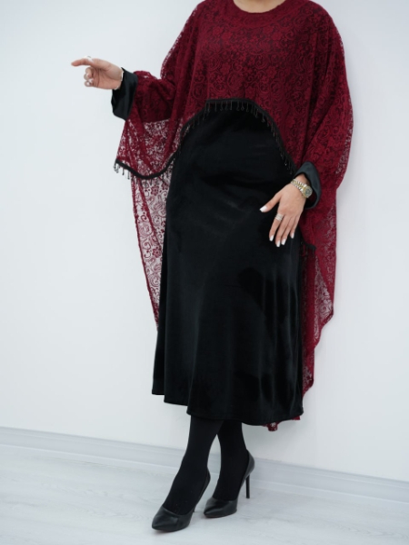 ست پانچ گیپور و پیراهن مخمل زرشک کد 6646