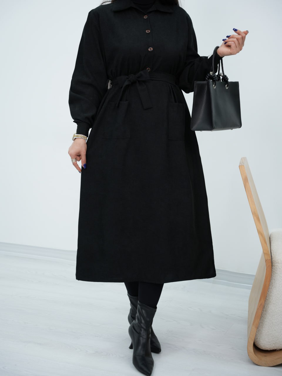 پیراهن مخمل جلو دکمه کمردار شادی کد6750