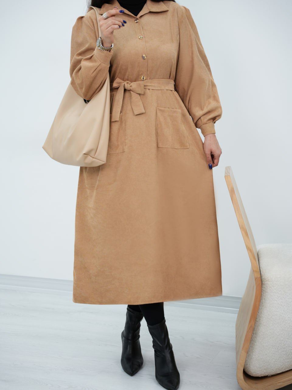 پیراهن مخمل جلو دکمه کمردار شادی کد6750