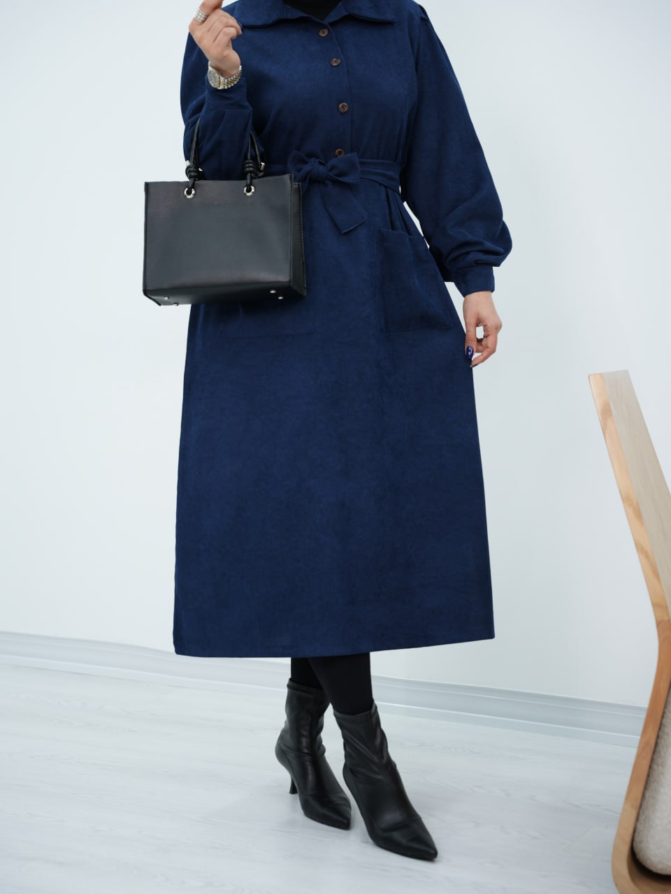 پیراهن مخمل جلو دکمه کمردار شادی کد6750