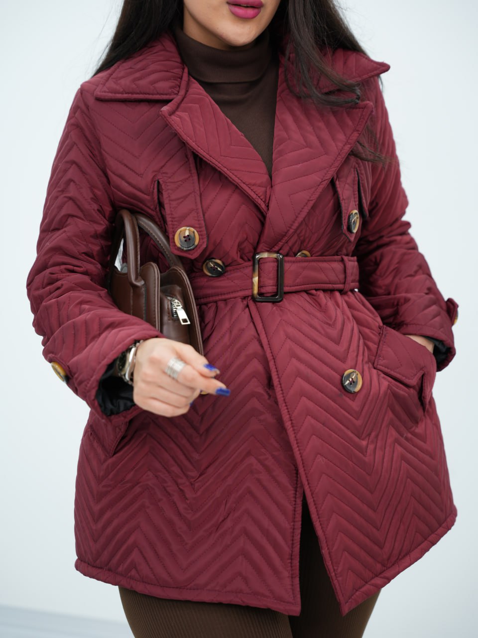 کاپشن شنل فلشی لاین دار کمردار نامی کد6790