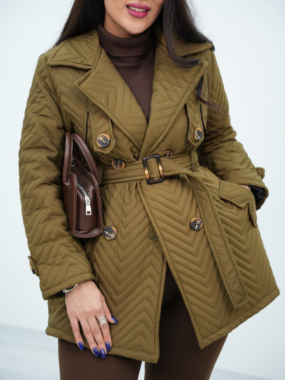 کاپشن شنل فلشی لاین دار کمردار نامی کد6790