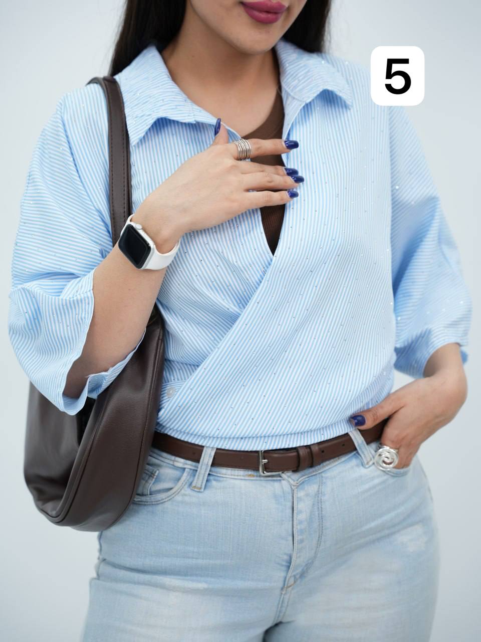 شومیز راه راه نگین دار کیمونو دنبز کد6838