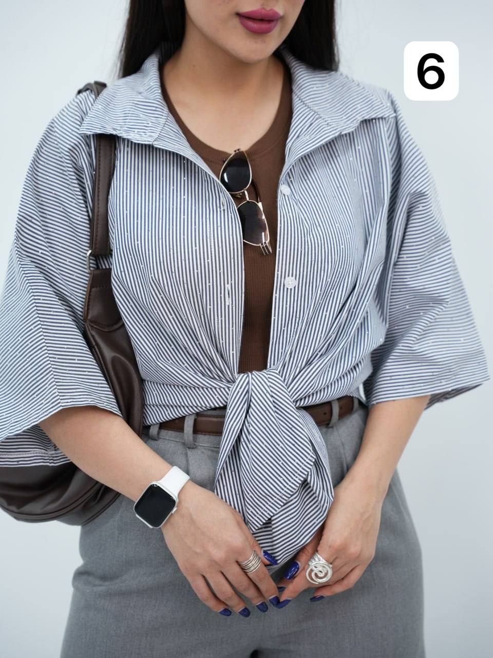 شومیز راه راه نگین دار کیمونو دنبز کد6838