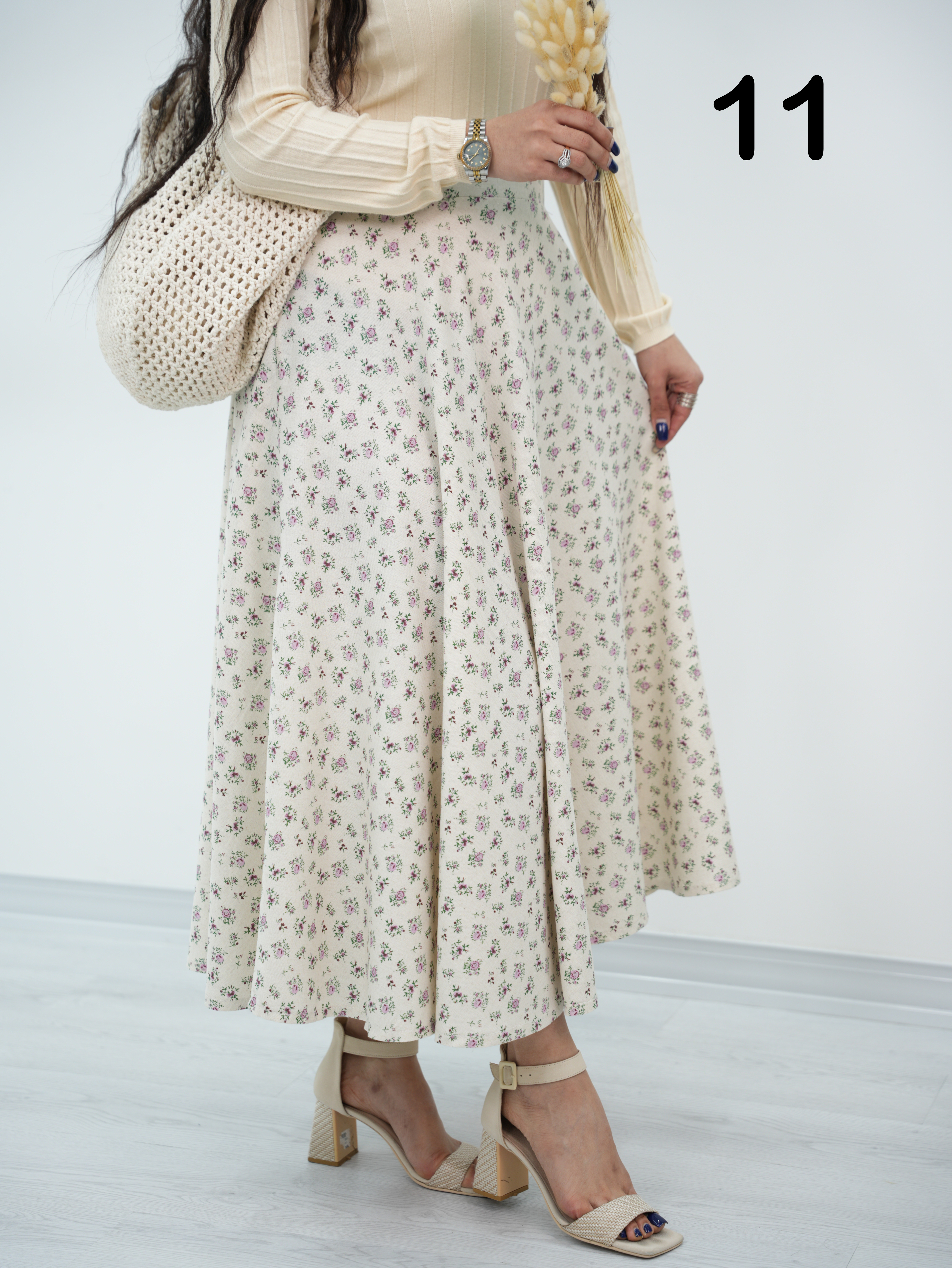 دامن لنین گلدار گل اندام کد6877