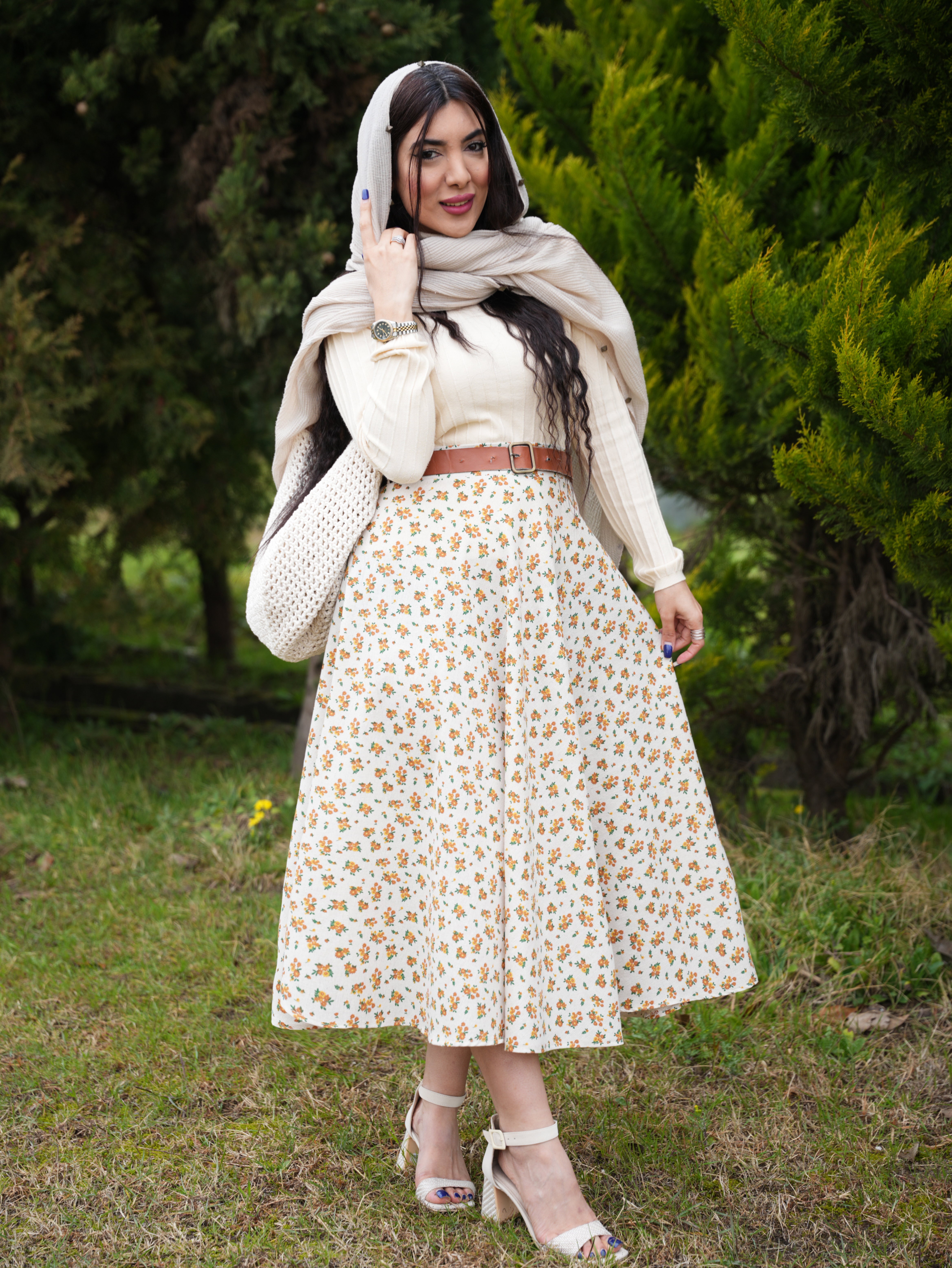 دامن لنین گلدار گل اندام کد6877