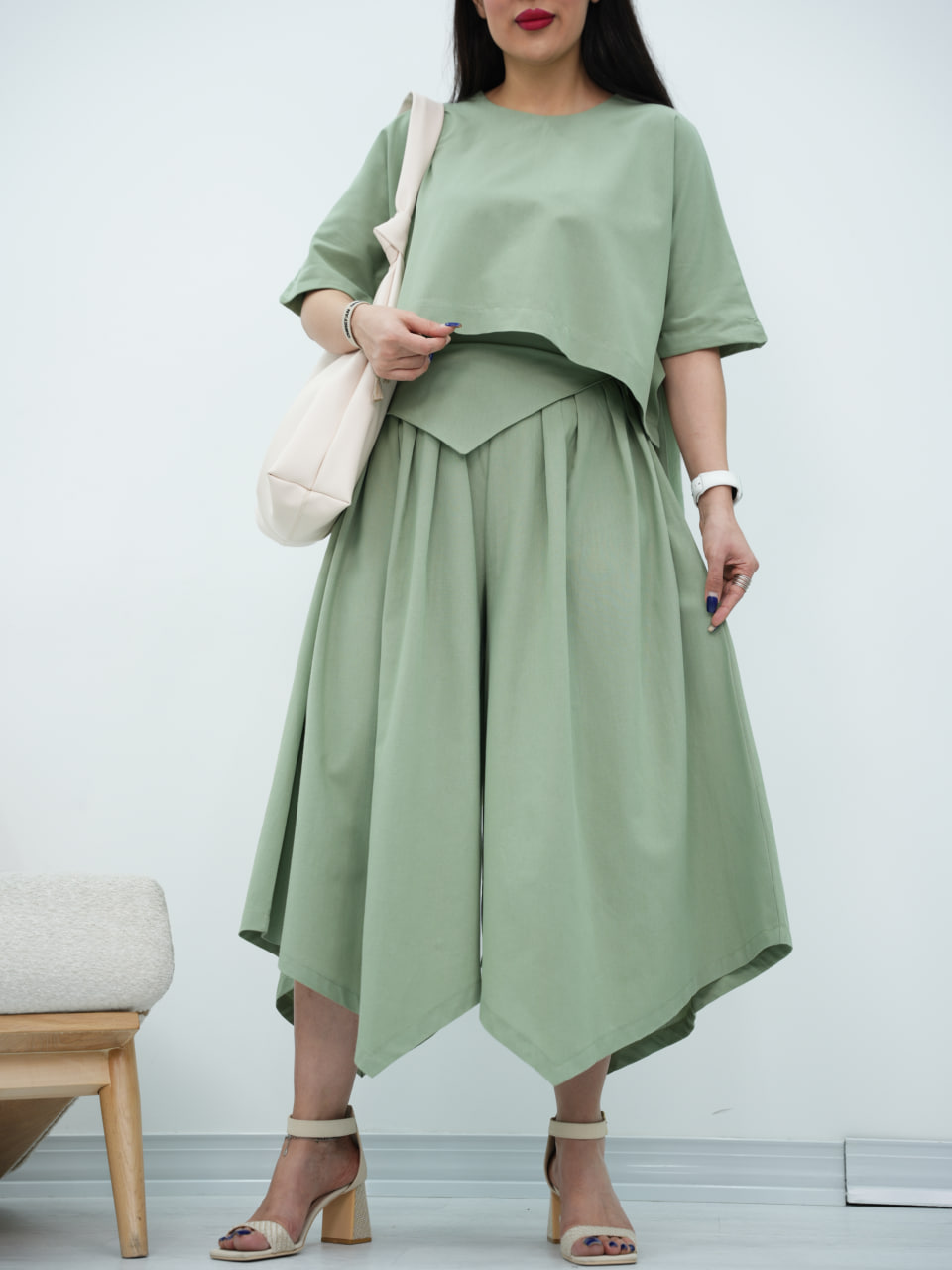 ست جلوبسته و دامن شلواری لنین سایه کد6904