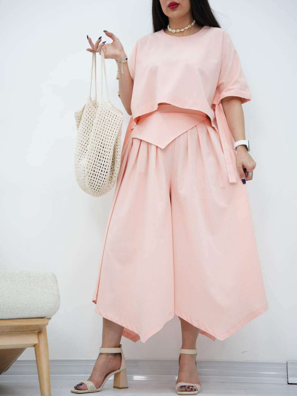 ست جلوبسته و دامن شلواری لنین سایه کد6904