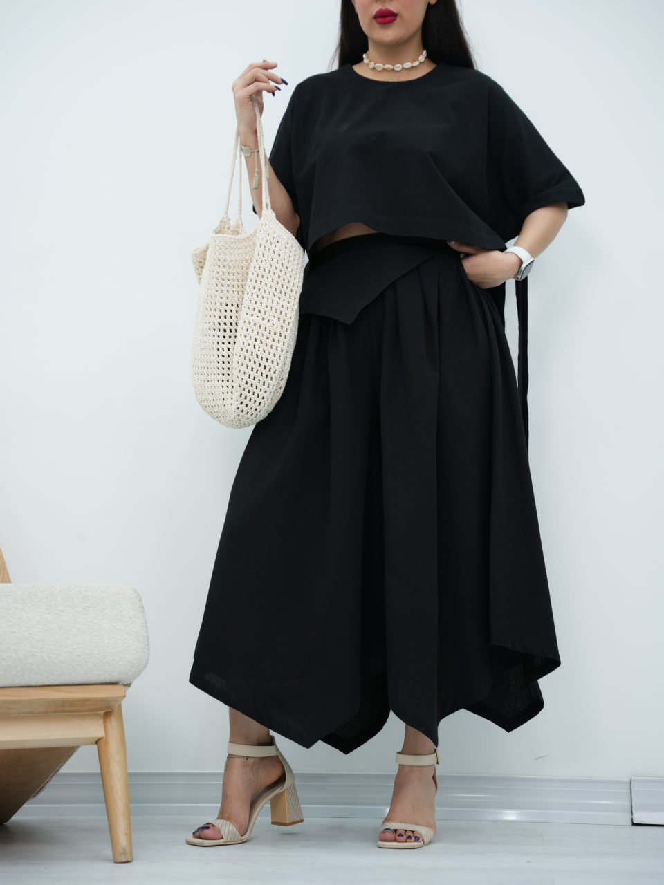 ست جلوبسته و دامن شلواری لنین سایه کد6904