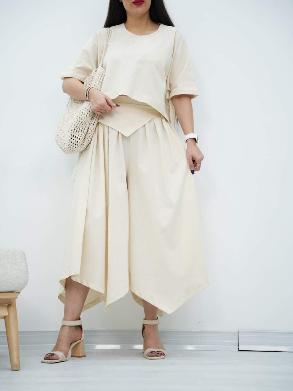 ست جلوبسته و دامن شلواری لنین سایه کد6904