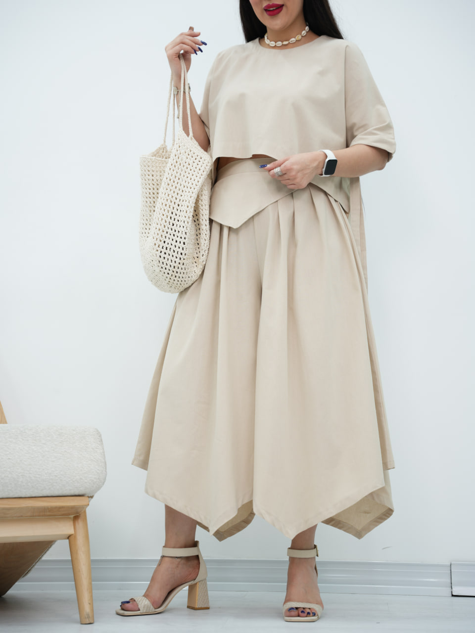 ست جلوبسته و دامن شلواری لنین سایه کد6904