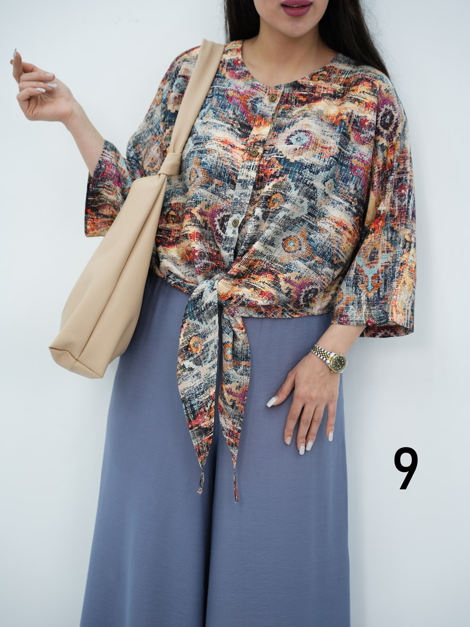 ست شومیز گره ای و شلوار نیلای کد6921