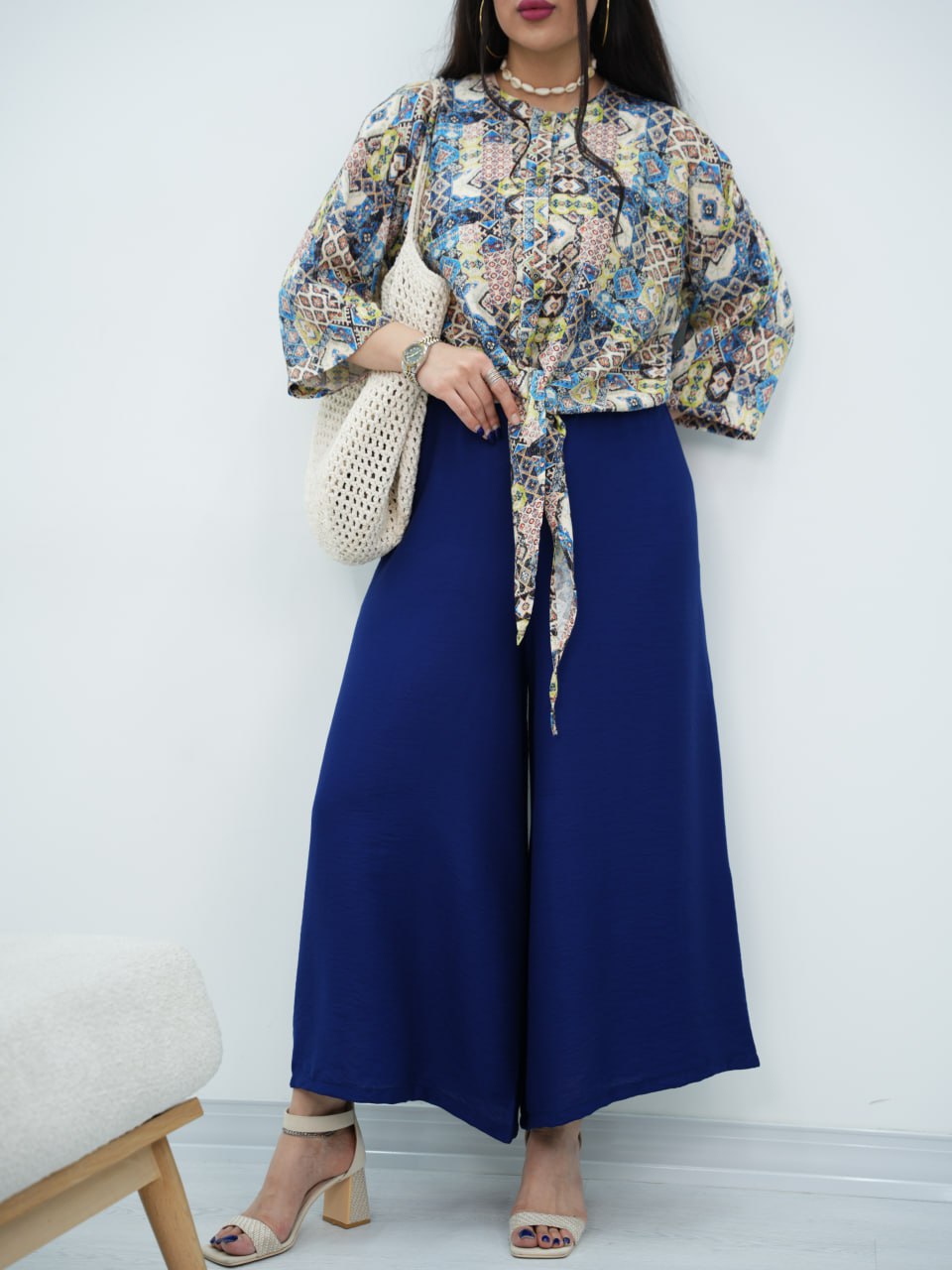 ست شومیز گره ای و شلوار نیلای کد6921