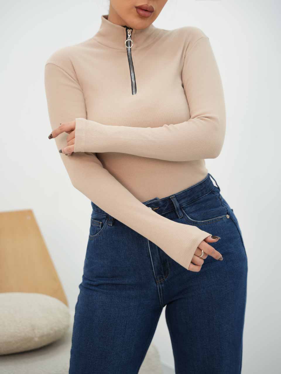 بلوز کبریتی یقه ایستاده نیم زیپ راک کد7845