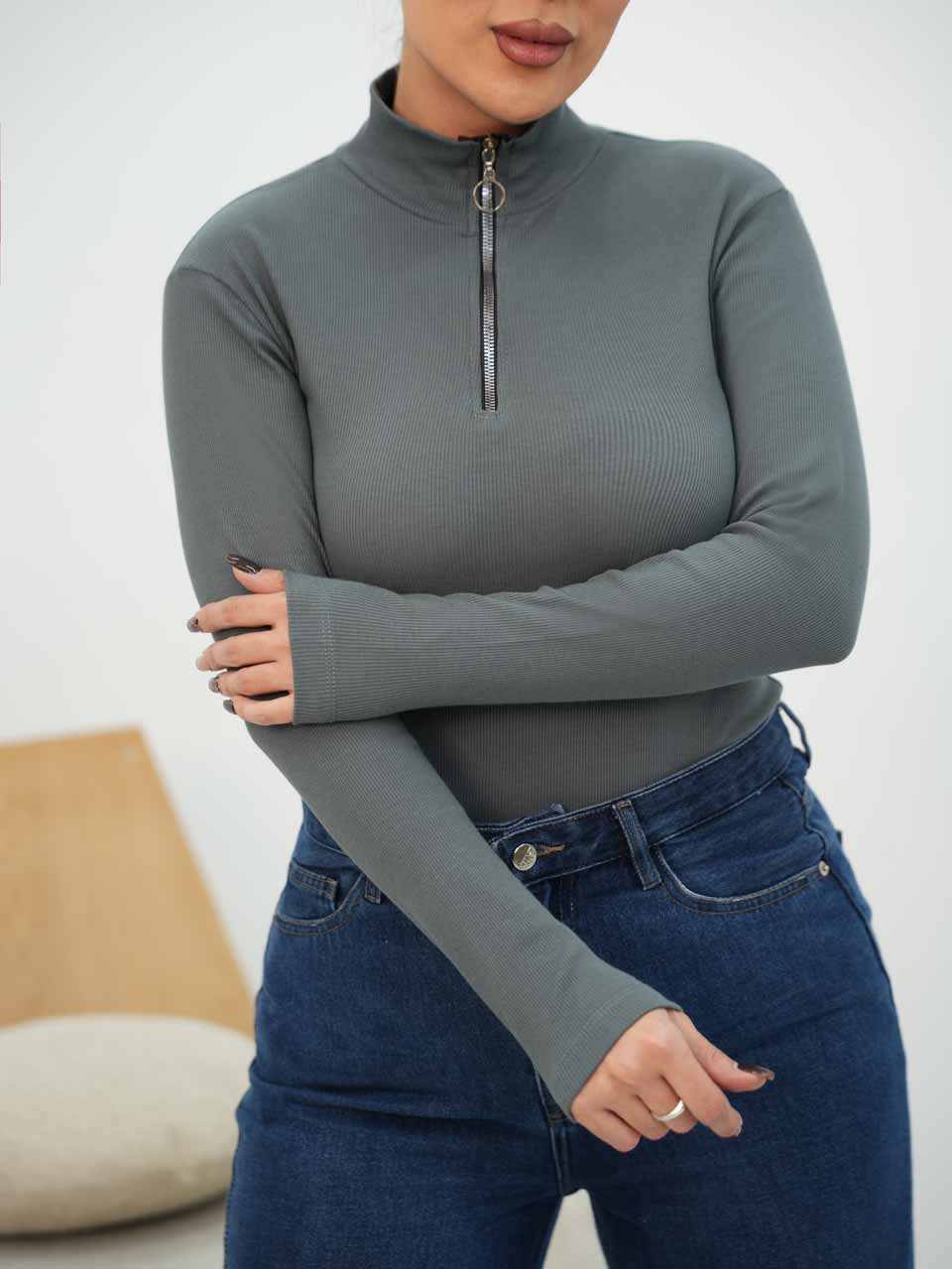 بلوز کبریتی یقه ایستاده نیم زیپ راک کد7845