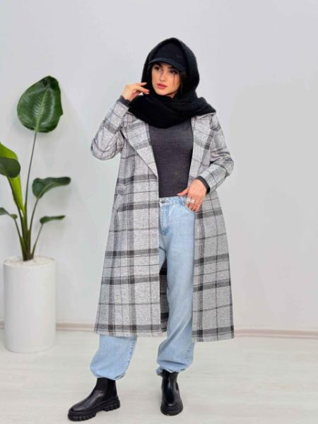 فروش پالتو بلند پاییزه توییت کمردار و جیب دار ماهک کد5600