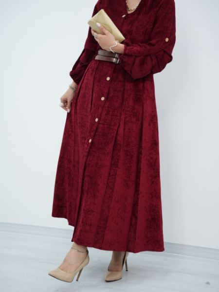 پیراهن مخمل جلو دکمه دو کمربنده  عفت کد6619