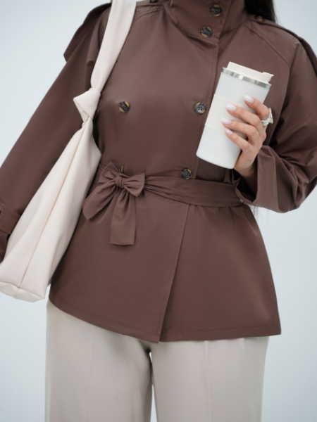 بارونی یقه ایستاده کمردار روبان کد6560